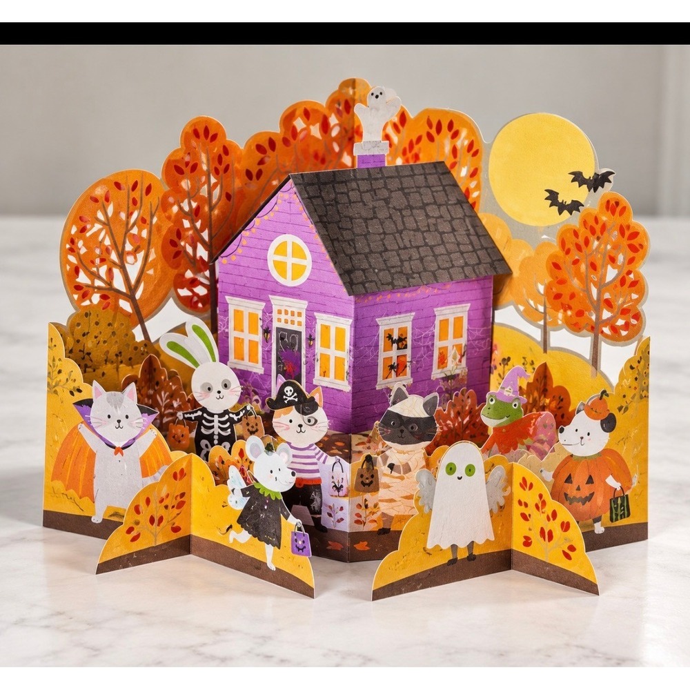Pop-Up Card Halloween Decor 3D Haunted House Animals NEW